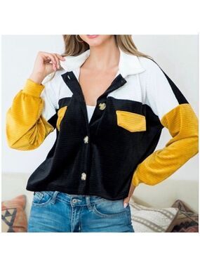 Color Block Velvet Button Down Top Large Black Ivory Mustard Stretch